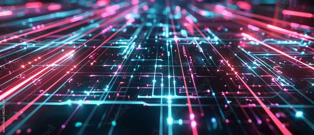 Slick, glossy black surfaces intersected by glowing Navy Blue and Coral neon lines, conveying a highspeed data network in motion Slick, glossy black surfaces intersected by glowing Navy Blue and Coral neon lines, conveying a highspeed data network in motion