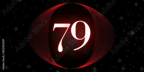 Number 79. Banner with the number seventy nine on a black background and white stars with a circle red in the middle photo