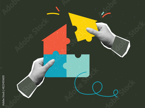 Two hands putting together a colored puzzle in the shape of a house. Vector illustration in a modern collage style
