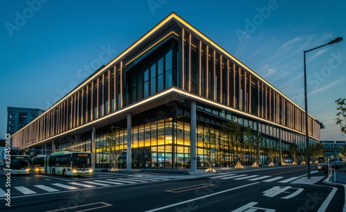 A modern building with LED lighting, illuminated in the style of light strips on the exterior walls of buildings and roads