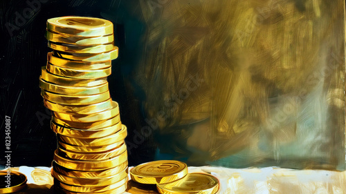 Digital painting portrays a tall stack of golden coins against a moody, dark backdrop, symbolizing wealth, investment, and savings