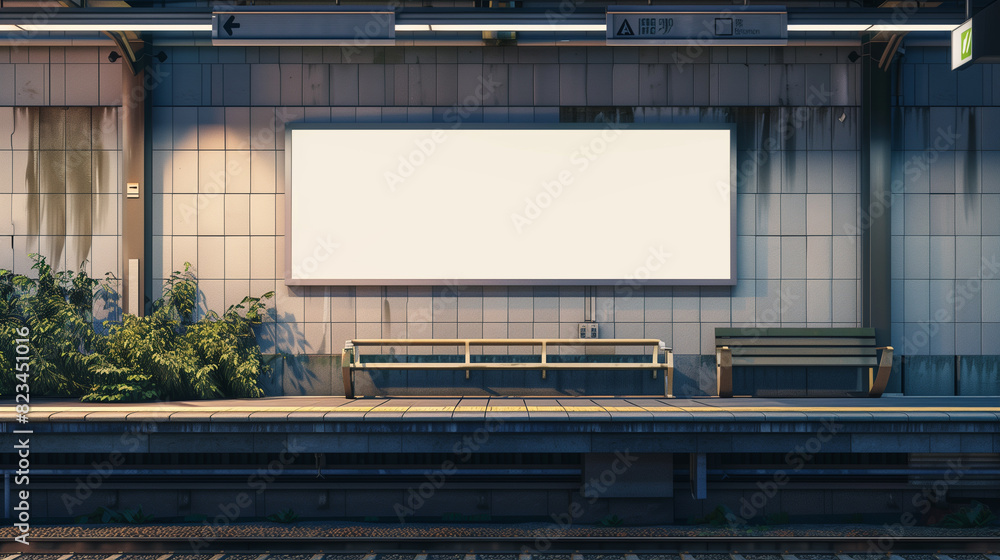 A blank empty canvas poster screen board hanging on a wall at a railway station. A blank empty canvas poster screen board hanging on a wall at a railway station.