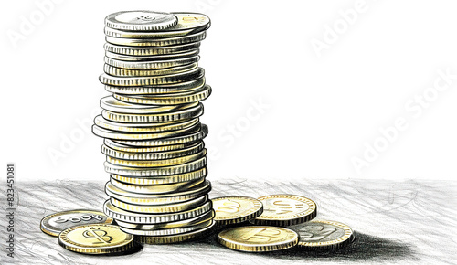 Detailed illustration of a tall stack of different cryptocurrency coins, featuring bitcoin, on a textured backdrop