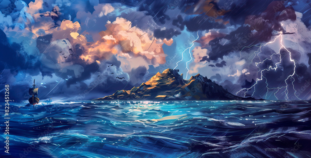 Dramatic digital artwork of a storm with lightning over a turbulent sea and a solitary ship near a rugged mountainous island