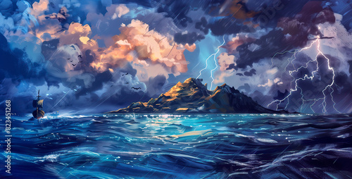 Dramatic digital artwork of a storm with lightning over a turbulent sea and a solitary ship near a rugged mountainous island