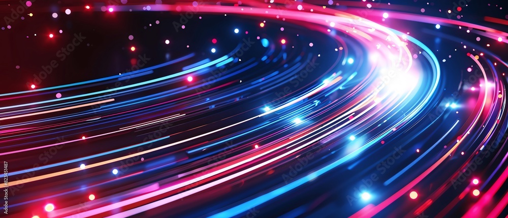 Slick, glossy black surfaces intersected by glowing Navy Blue and Coral neon lines, conveying a highspeed data network in motion Slick, glossy black surfaces intersected by glowing Navy Blue and Coral neon lines, conveying a highspeed data network in motion