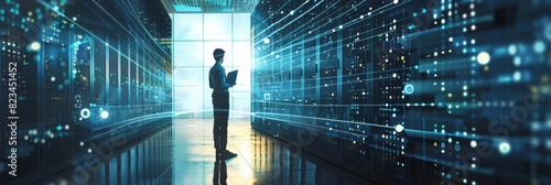 Future Concept: Data Center Chief Technology Officer, using Laptop, Standing in Warehouse, Digitizing Information Through Servers. SaaS, Cloud Storage, Online Service.