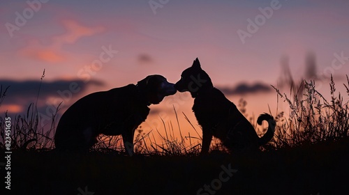 a silhouette of two dogs kissing