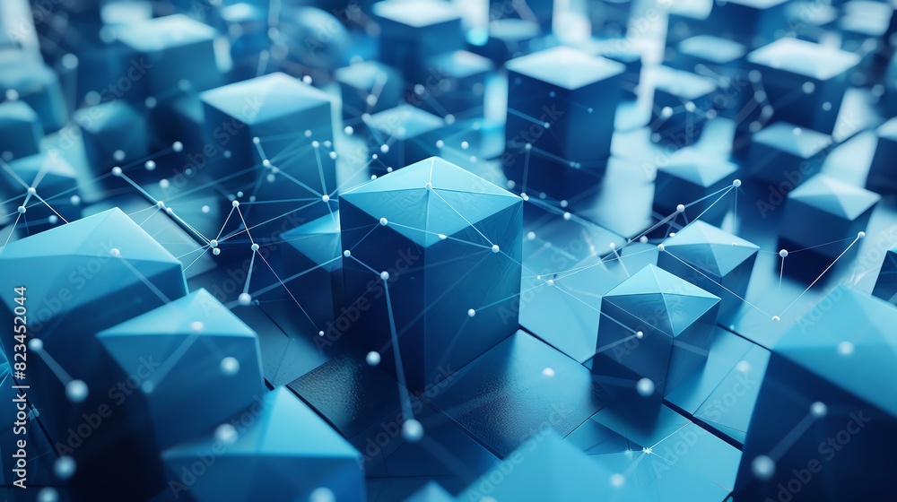 Blue background with polygon web that analyzing data on Blue and square pieces with Blue elements Blue background with polygon web that analyzing data on Blue and square pieces with Blue elements