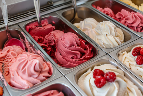 Mix berry strawberry ice cream gelato in cabinet top view dessert shop concept