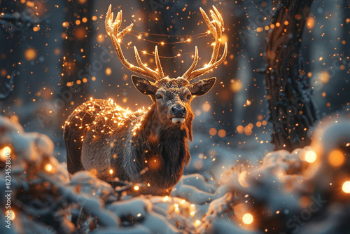 A Happy Holidays card featuring a majestic stag adorned with twinkling fairy lights, standing amidst a snowy forest.