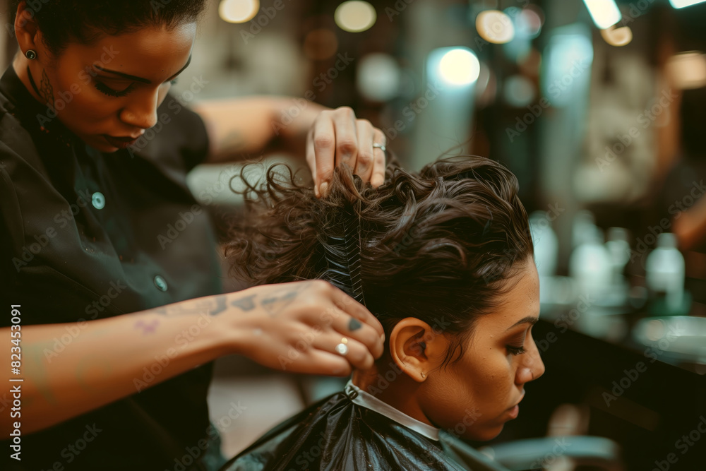 Woman cutting another womans hair in a salon Woman cutting another womans hair in a salon