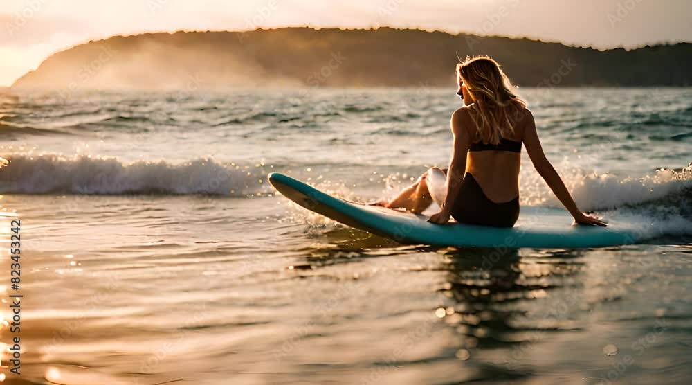 Surferin liegt auf Surfbrett im Meer und entspannt sich Surferin liegt auf Surfbrett im Meer und entspannt sich
