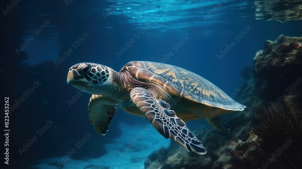 Chelonia mydas - Sea turtle swimming in the ocean with sun light on the surface. Beautiful panorama view of underwater. Chelonia mydas - Sea turtle swimming in the ocean with sun light on the surface. Beautiful panorama view of underwater.