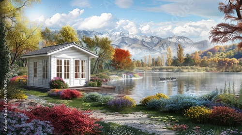 a white cottage nestled beside a lake, with colorful flowers and lush green grass in the foreground, and a dense pine forest on one side of the water's edge.