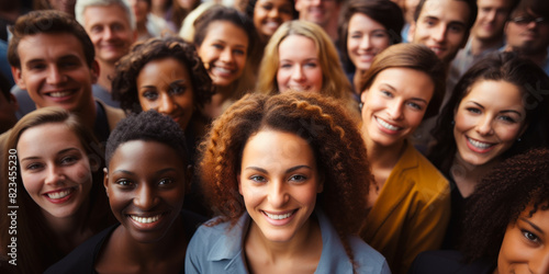 Diverse Smiling Young People Crowd Looking Up Together, Cheerful Happy Multiethnic Group Portrait, Millennial Friends Community Faces Bonding Unity, Multicultural Society Youth Team, Friendship