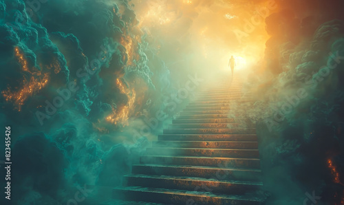Man Ascending Mystic Stairs Into Luminous Sky, Symbolizing Quest, Discovery, and Personal Growth at Twilight