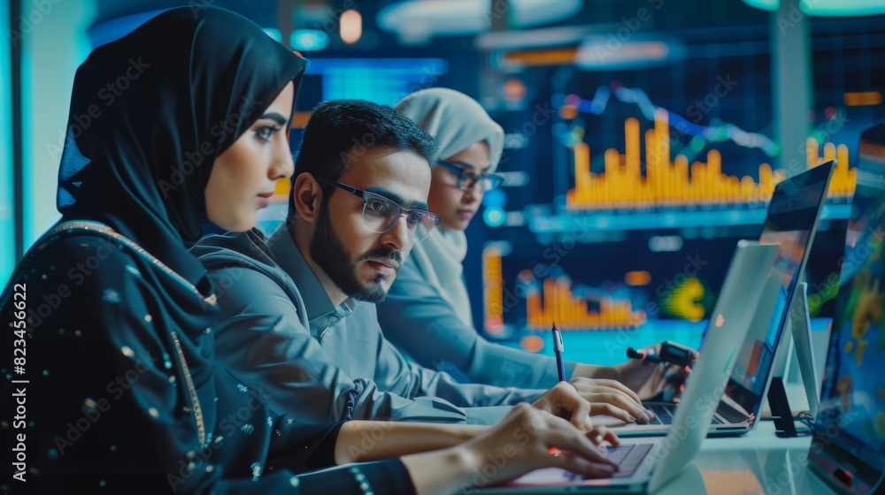 A Middle Eastern woman and a Middle Eastern man working in a software development company, updating economic strategy based on financial market news and trends.
