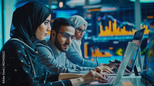 A Middle Eastern woman and a Middle Eastern man working in a software development company, updating economic strategy based on financial market news and trends.