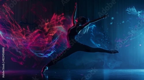 A talented female artist demonstrating graceful movements and expressive emotions with an innovative modern dance routine in a dark studio with abstract art in the background photo