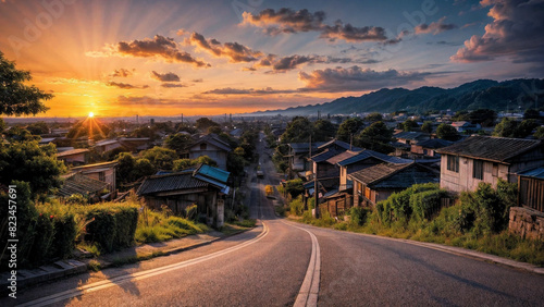 港町の高台からの夕暮れ