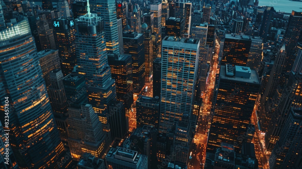 Obraz premium New York City, USA - May 15 2023: Night view of Financial Business District from a helicopter. Illuminated skyscrapers and historic office towers.