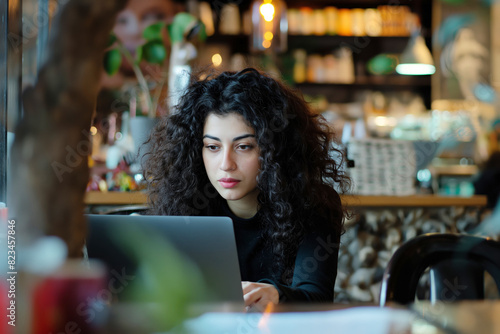 Woman with curly hair focused on laptop in cozy cafe environment, surrounded by plants and warm lighting
