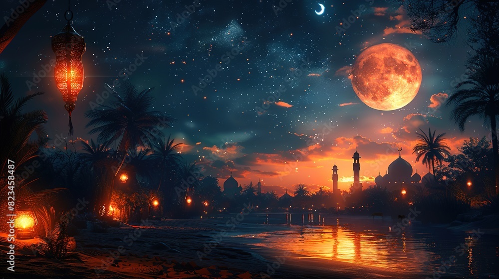 A beautiful night sky with a large red moon A beautiful night sky with a large red moon