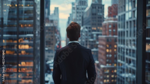 This close-up shot shows the thought-provoking businessman contemplating his next big deal while looking out a big city business district window. photo