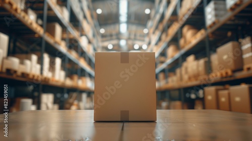 The cardboard box package stands on the table of the warehouse where rows of shelves hold parcels awaiting shipping and delivery. photo
