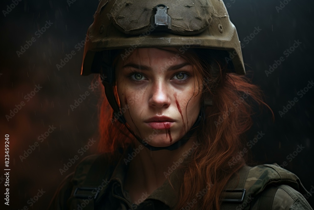 Portrait of a young female soldier with a focused gaze, wearing a helmet in the rain Portrait of a young female soldier with a focused gaze, wearing a helmet in the rain
