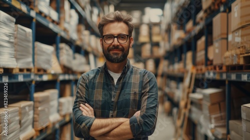 The Handsome Warehouse Inventory Manager Smiling at the Camera. Smart Man Wearing Glasses with Rows of Shelves Full of Cardboard Boxes.