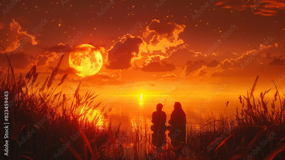 Two people gazing at a breathtaking sunset, their figures bathed in the warm glow of the horizon, their love story etched in the golden light.
