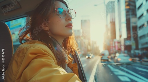 An attractive young woman rides on a passenger seat in a moving vehicle, opens the window, and gazes in wonder at the big city. Camera mounted outside the vehicle. © Антон Сальников