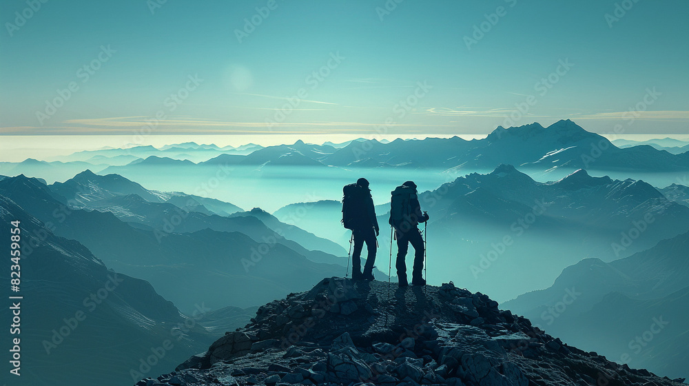 Two hikers silhouetted against a panoramic mountain vista, sharing a moment of triumph after reaching the summit together.
