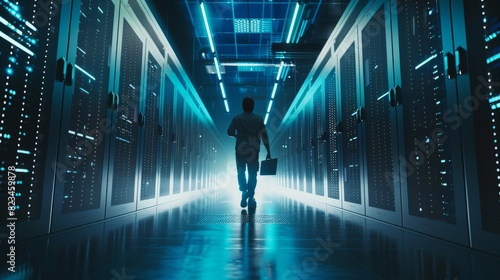 Male IT Specialist walks along the row of operational server racks and uses laptop for maintenance. Concept for Telecommunications, Cloud Computing, Artificial Intelligence, Supercomputer.
