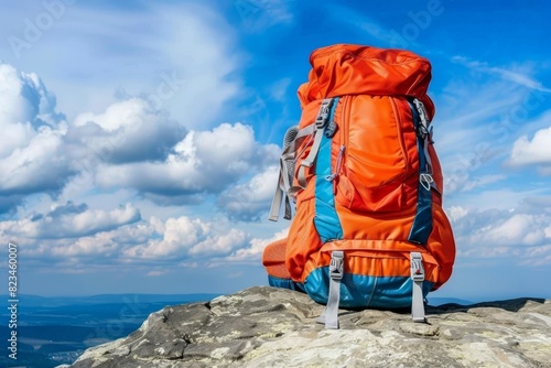 Travel backpack on mountain edge with hacking theme for adventurous tourists seeking exploration