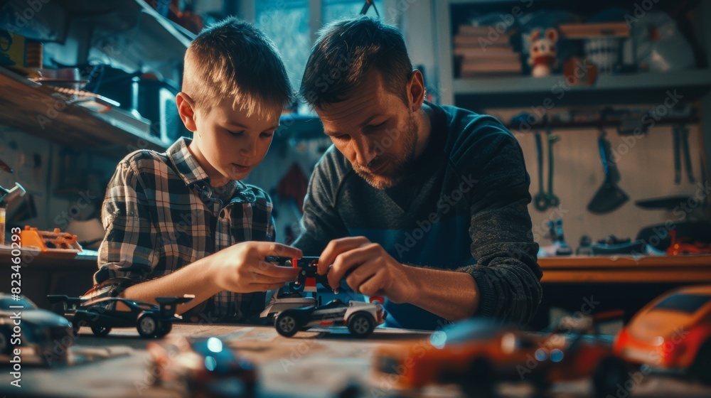 A father and son in the garage are repairing a radio control toy car.
