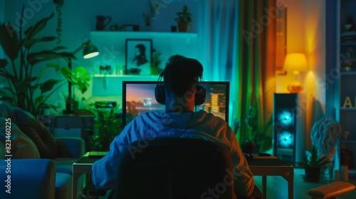 Gaming Backshot of a Gamer Playing and Winning in First-Person Shooter Online Video Game on His Powerful PC. Room and PC have Green Neon Led Lights. Cozy Evening at Home.