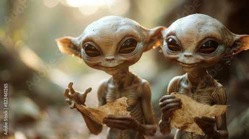 Two detailed alien figures resembling those from popular culture, holding what appear to be ancient artifacts © familymedia