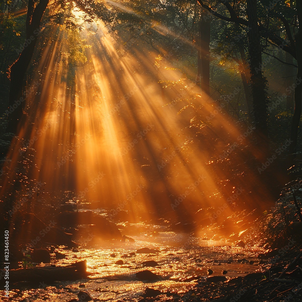 Obraz premium sunlight forest nature autumn trees sun sunbeam fog park leaves landscape light green sunrise morning misty