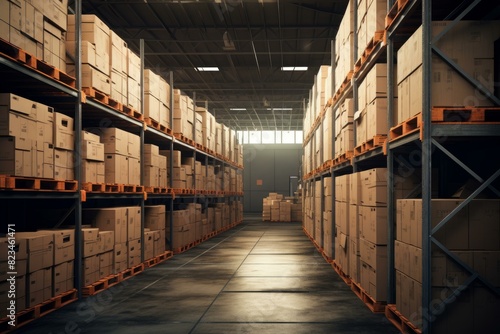 Modern warehouse storage area with rows of shelves stocked with cardboard boxes in an industrial setting