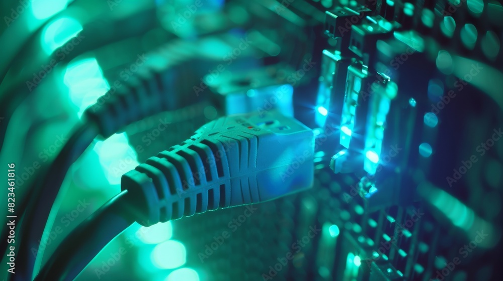 The micro shot shows data cable connections with blinking