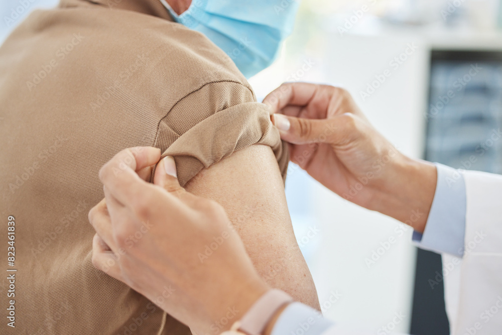 Fototapeta premium Arm, hands and doctor with patient for vaccine to prevent virus at medical consultation at hospital Protection, nurse and healthcare worker with person for injection at checkup in medicare clinic.
