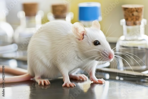 White mouse in bio lab on table with copy space, blurred background for text placement
