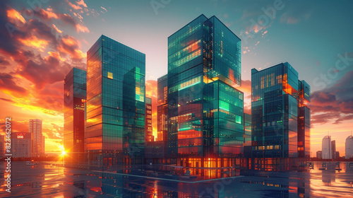 A cluster of modern scientific laboratories bathed in the warm glow of a setting sun. Buildings are a mix of vibrant green  cobalt blue  and burnt orange  with sleek glass facades reflecting the sky.