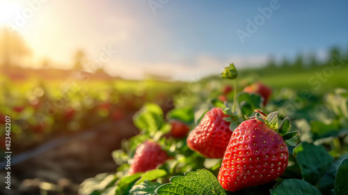 Strawberry field with strawberries growing in the foreground  with a blue sky and sunlight
