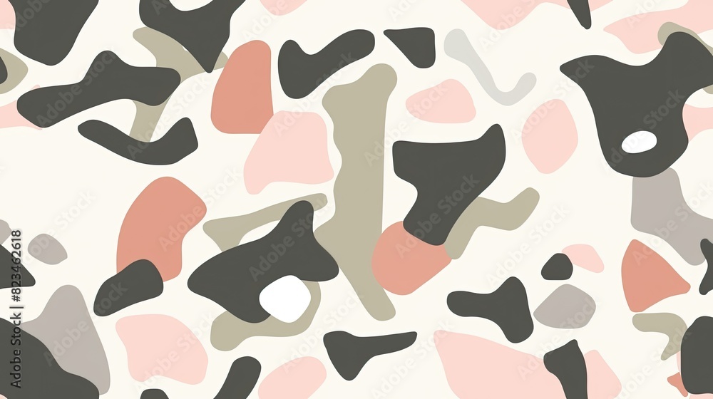 abstract paper cutouts form a seamless pattern against a muted backdrop, featuring generous white space in the center and playful shapes. SEAMLESS PATTERN