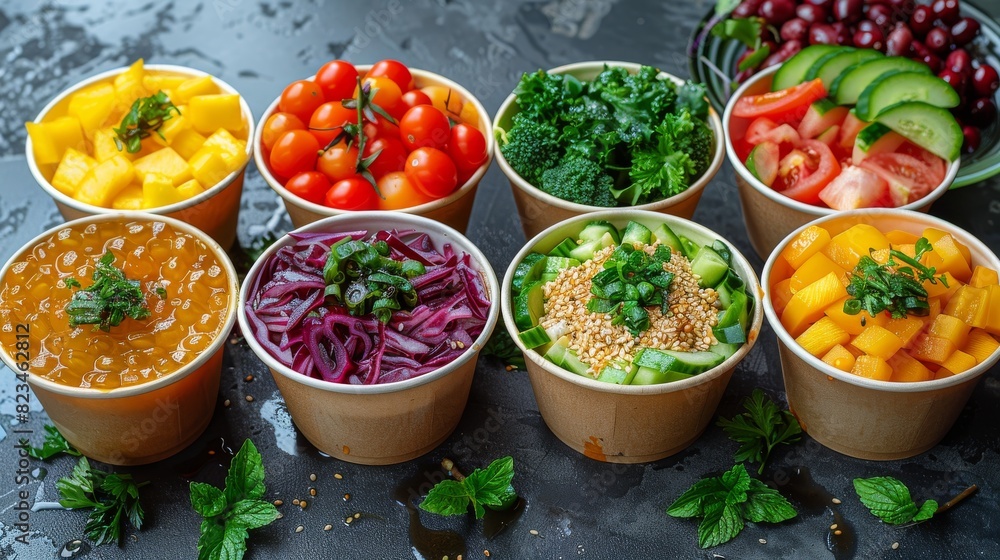 An array of colorful bowls filled with various fresh vegetables, fruits, and soups represent healthy vegetarian eating