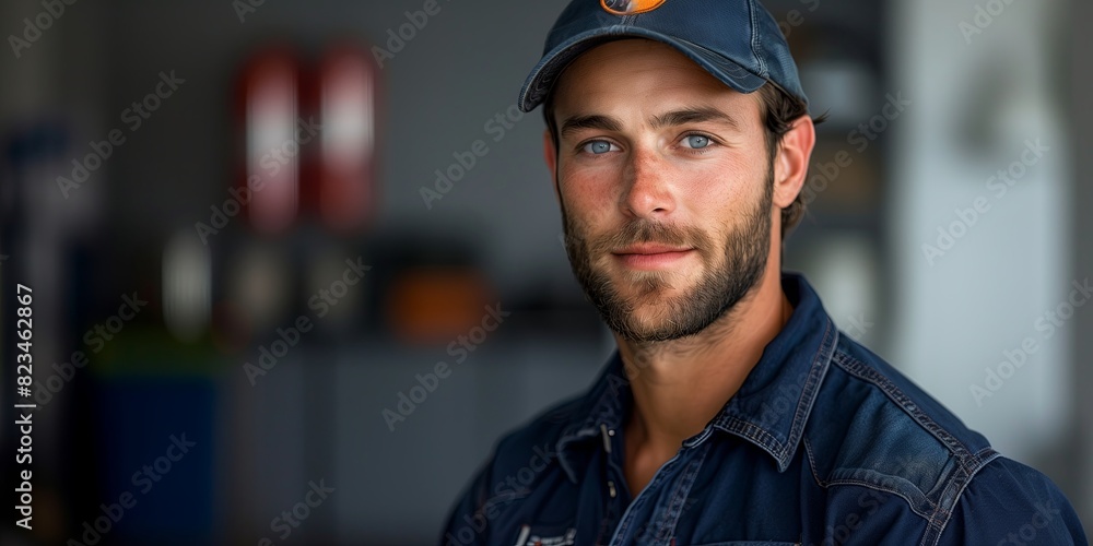Young male worker in denim shirt and cap, smiling. Suitable for corporate profiles, HR materials, or lifestyle blogs Young male worker in denim shirt and cap, smiling. Suitable for corporate profiles, HR materials, or lifestyle blogs